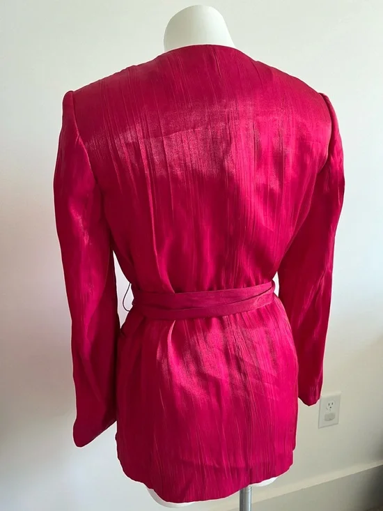 Zara NEW Crinkle Satin Blazer and Wide Leg Trousers SET Fuchsia Pink XS Shiny - Picture 5 of 15